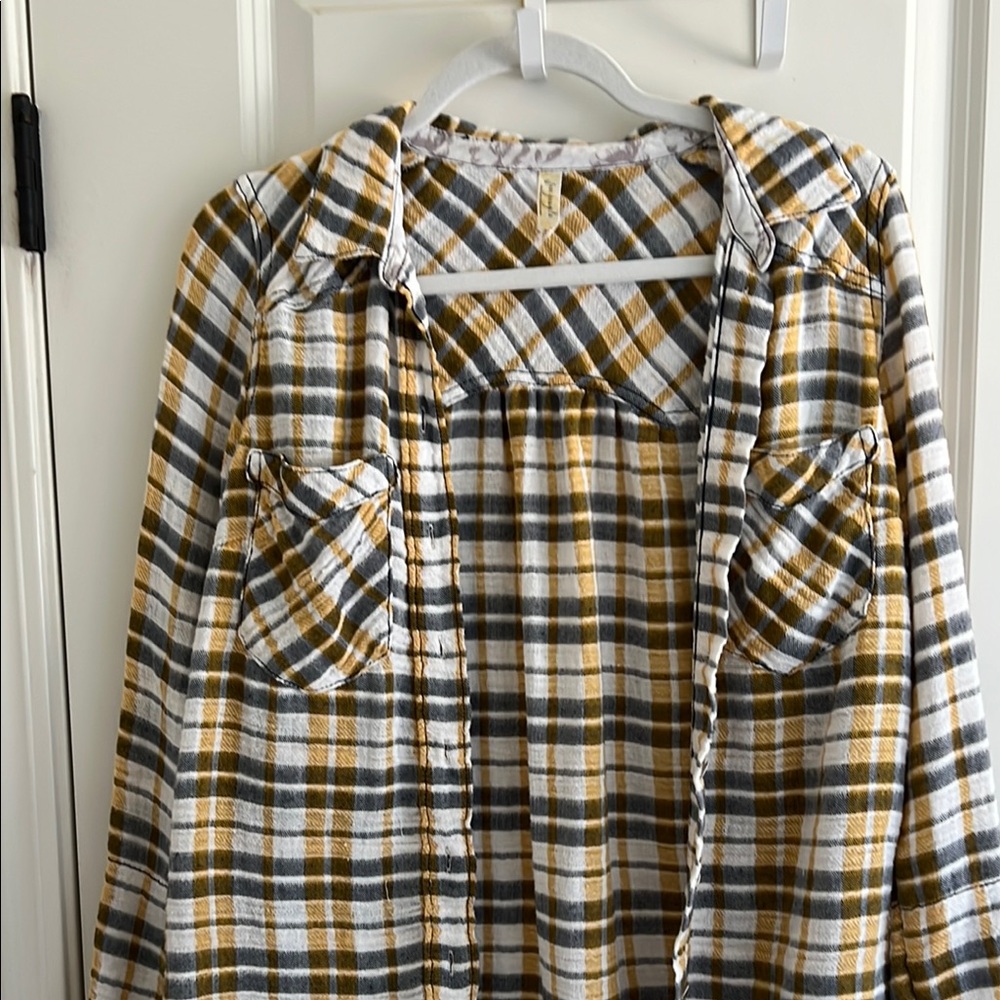 Free People Plaid Button Down Shirt - Mustard and Gray